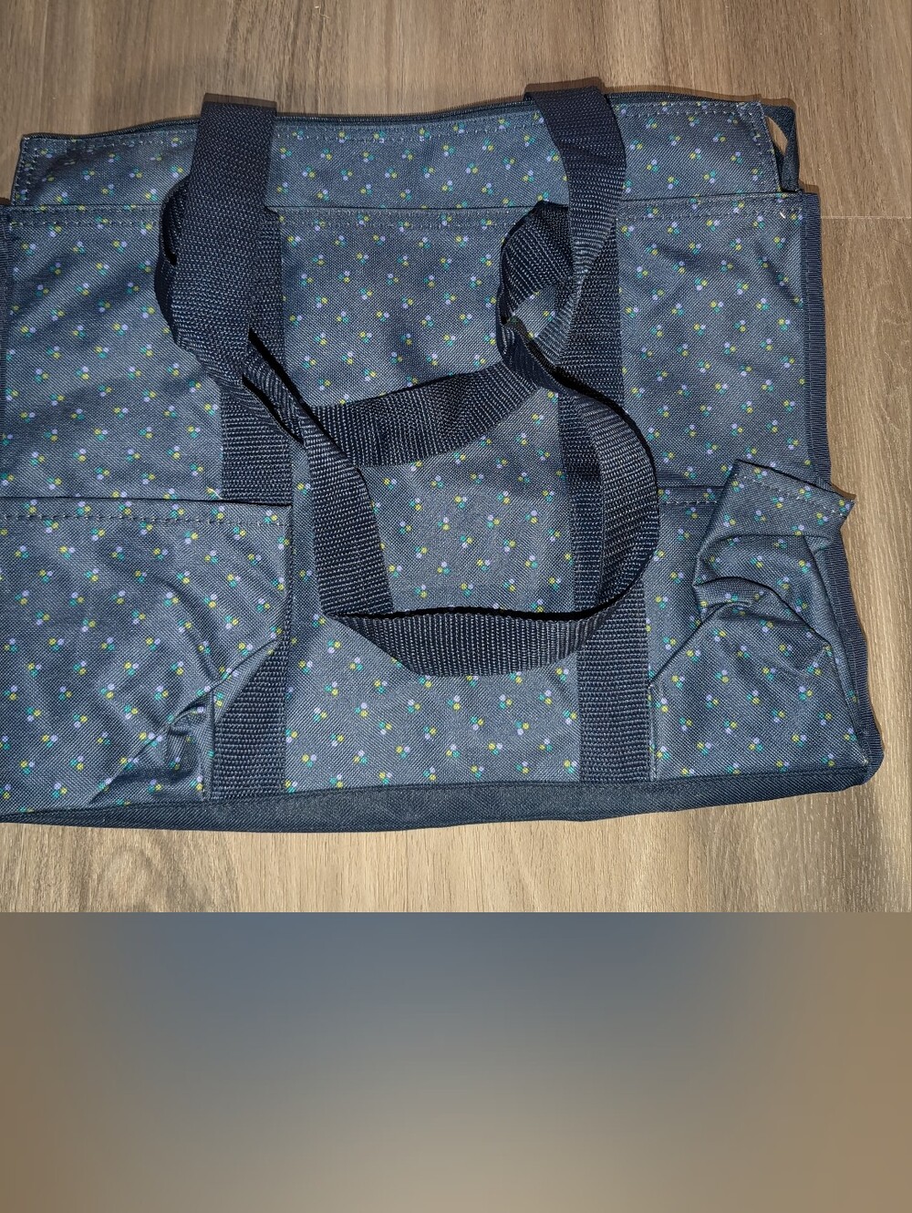 Thirty One Utility Tote Bag Navy Polka Dot Zipper Double Handles Storage